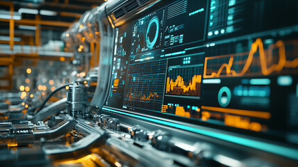 Aufkleber - Oil extraction machinery at work, with digital displays showing global financial data and stock market trends related to natural resources