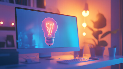 Poster - Office desktop computer with holographic bulb icon, twofold exposure, notion of a concept