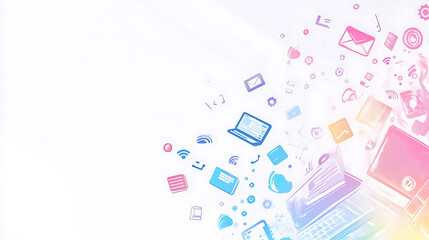Poster - PPT clean background image, Icons related to computer hardware and software and the internet, in a modern, dynamic and professional style, Big free space