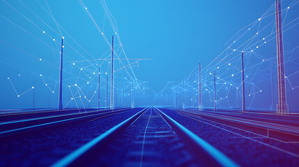 Poster - Railway interchange depicted in a low-poly construction shows an empty rail track with interconnected lines and dots on a blue background, emphasizing the technical aspects of rail transportation