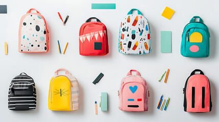 Poster - Set of backpacks featuring a banner design and colorful school stationery against a white backdrop
