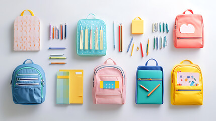 Poster - Set of backpacks featuring a banner design and colorful school stationery against a white backdrop