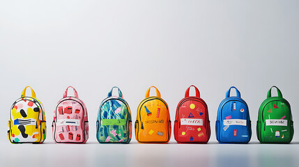 Aufkleber - Set of backpacks featuring a banner design and colorful school stationery against a white backdrop