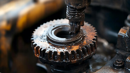 Fototapete - The old, used transmission oil can then drain out of the oil pan flange after the auto mechanic loosens the automatic transmission oil drain plug