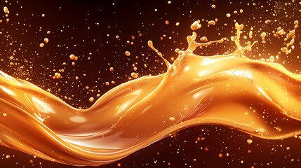 Aufkleber - A caramel splash, sweet liquid candy swirls, and waves splashing with droplets, Isolated brown melt toffee syrup stream with splatters and dynamic motion, perfect for ads and promo design