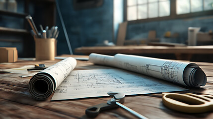 Aufkleber - Blueprint rolls and construction tools on wooden table 3d illustration