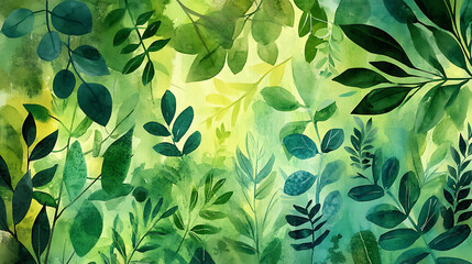 Poster - Fresh spring green watercolor foliage abstract background ecofriendly nature illustration