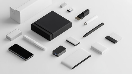 Poster - Isolated background mockup of a notepad, pen, USB, box, and package