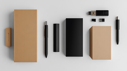 Poster - Isolated background mockup of a notepad, pen, USB, box, and package