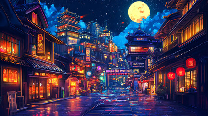 Poster - Retro 90s japanese animation style cityscape with neon lights and futuristic elements nostalgia and pop culture concept digital illustration