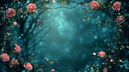 Aufkleber - Intricate floral frame with pink roses and twigs on blue mystery bokeh forest background fantasy rose vignette border digital art