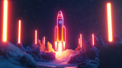 Poster - Rocket launch with neon lights in night sky startup business concept 3d illustration