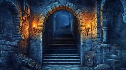 Poster - Medieval castle dungeon interior ominous stone walls flickering torches dark symmetrical staircase