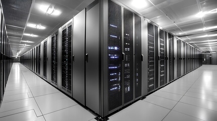 Poster - Server room interior with rows of network racks supercomputer data center abstract technology background