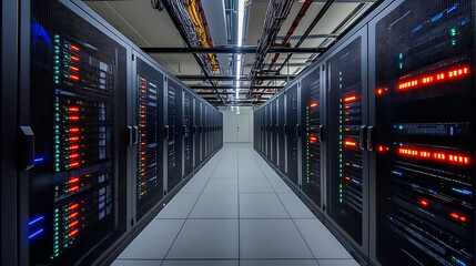 Poster - Server room interior with rows of network racks supercomputer data center abstract technology background