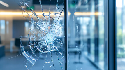 Poster - Shattered office window with sharp jagged glass shards and dramatic lighting closeup view
