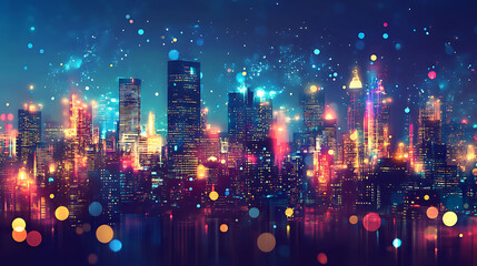 Poster - Sparkling city skyline at night urban landscape with glowing lights