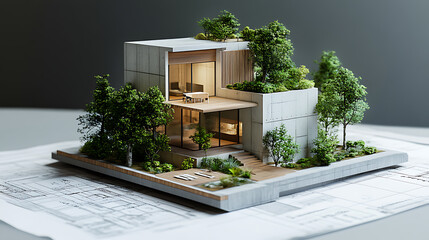 Poster - 3D model of a contemporary, authentic building block mock-up with a garden placed atop blueprints and paperwork