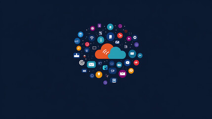 Aufkleber - A digital cloud with various icons representing different online services, such as on a mainly dark blue background