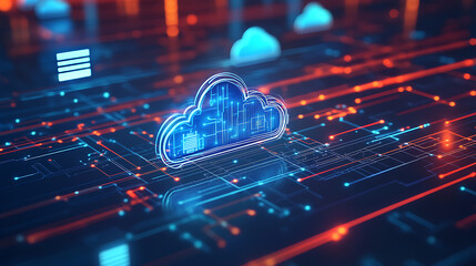 Aufkleber - A digital illustration of cloud technology with icons representing data and network connection on a dark background