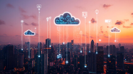 Wall Mural - A digital illustration of a secure cloud storage concept, featuring a metallic microchip with a padlock symbolizing data protection and cybersecurity in cloud computing