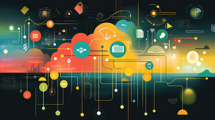 Aufkleber - A digital illustration of cloud technology with icons representing data and network connection on a dark background