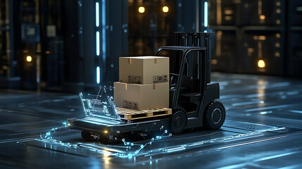 Poster - A forklift moves a pallet with a box carton atop a laptop depicting global e-commerce and supply chain scenarios
