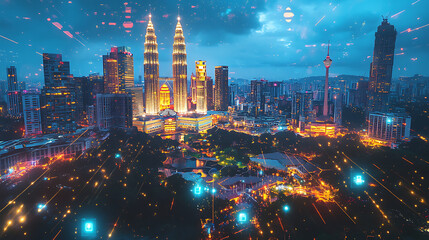 Poster - A holographic hologram of abstract technology icons surrounds a panoramic view of Kuala Lumpur, Malaysia, Asia, Concept of connections and networking among individuals, Double exposure