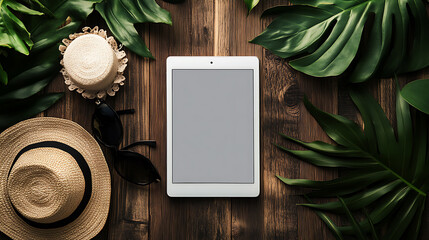Aufkleber - A neatly organized top view of summer accessories alongside a blank tablet, all set on wooden planks