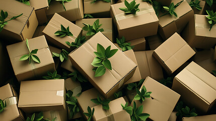Poster - A pile of cardboard boxes, made from natural recyclable materials, is adorned with green sprouting leaves, illustrating eco-friendly packaging and zero waste practices