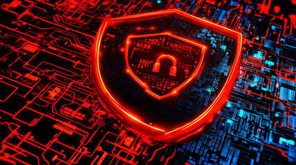 Aufkleber - A shield icon surrounded by digital symbols of security, such as locks and data combination on dark blue background with red light effect symbolizing advanced cyber protection technology