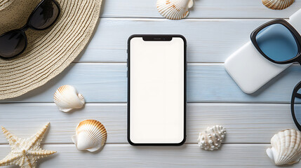 Aufkleber - A summer travel vacation concept displayed in flat lay style, including a passport, plane, hat, phone with an empty screen, sunglasses, and shells on a white wooden background