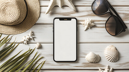Aufkleber - A summer travel vacation concept displayed in flat lay style, including a passport, plane, hat, phone with an empty screen, sunglasses, and shells on a white wooden background