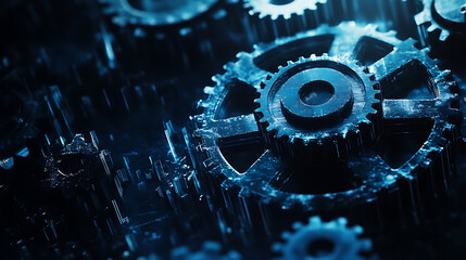 Fototapete - Abstract blue gear high-tech background with technology, digital and data elements Digital future tech banner template