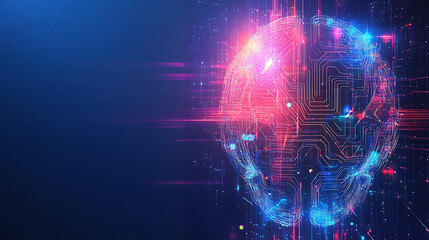 Leinwandbilder - abstract digital brain with glowing lines and holographic elements on blue background, concept of ar