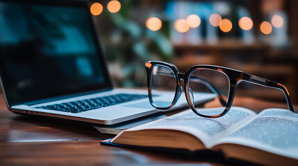 Aufkleber - An e-learning concept image showcasing digital education tools such as a laptop, e-books, and glasses, symbolizing the modern approach to knowledge acquisition and effective learning strategies