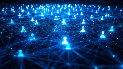 Poster - Blue glowing background with social network connections, online community and digital communication concept grid of connections in a dark blue color