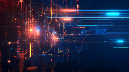 Poster - Abstract digital brain with glowing lines and holographic elements on blue background, concept of artificial intelligence technology
