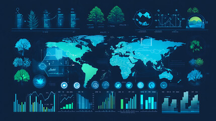 Fototapete - Digital data visualization of global business, showcasing various charts and graphs on the screen with maps of different countries