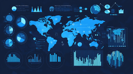 Fototapete - Digital data visualization of global business, showcasing various charts and graphs on the screen with maps of different countries