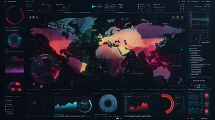 Poster - Digital data visualization of global business, showcasing various charts and graphs on the screen with maps of different countries