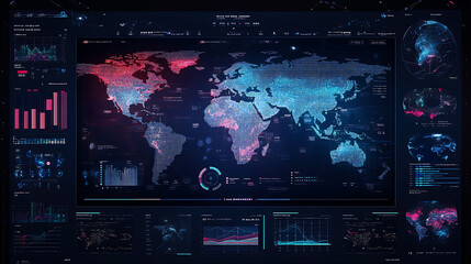 Poster - Digital data visualization of global business, showcasing various charts and graphs on the screen with maps of different countries
