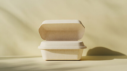 Poster - Food takeaway packaging made from paper pulp bagasse is presented, advocating for the reduction of global warming and promoting a go-green concept