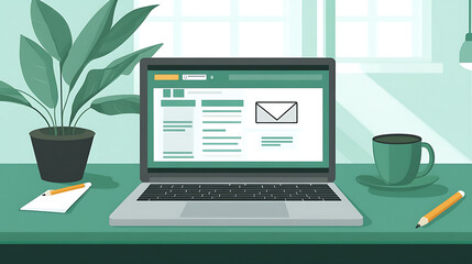 Leinwandbilder - Illustration of an open laptop showing an email client interface on the screen, with an office desk background, a coffee cup and pencil in front