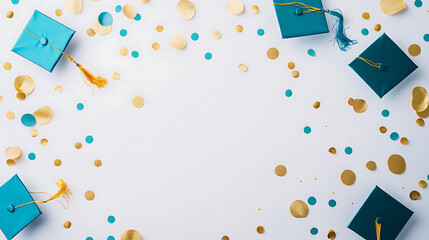 Poster - White background with gold and teal dots, graduation caps scattered around the edges of the photo backdrop