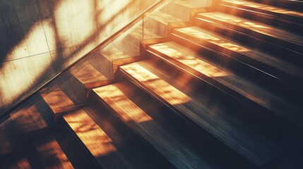Poster - Warm Light Streaming Down Modern Staircase with Wooden Steps and Shadows Creating an Inviting Atmosphere in an Architectural Space