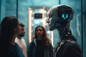 Poster - A diverse group of people interacts closely with an abstract AI system, exploring technology and its implications together. Generative AI