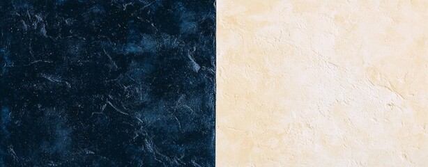 Poster - Decorative plaster background showcases two contrasting halves, one in dark blue and the other in beige, creating a visually striking and modern backdrop