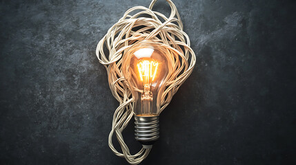 Aufkleber - A conceptual illustration of solving complex problems by simplifying them, depicted as a light bulb entwined in knotted wires being untangled