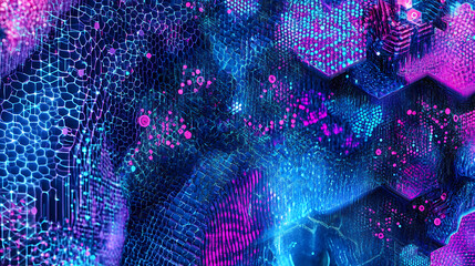 Poster - A closeup of an abstract digital grid pattern with neon blue and purple hues, creating the illusion that it is made from a hexagonal honeycomb structure